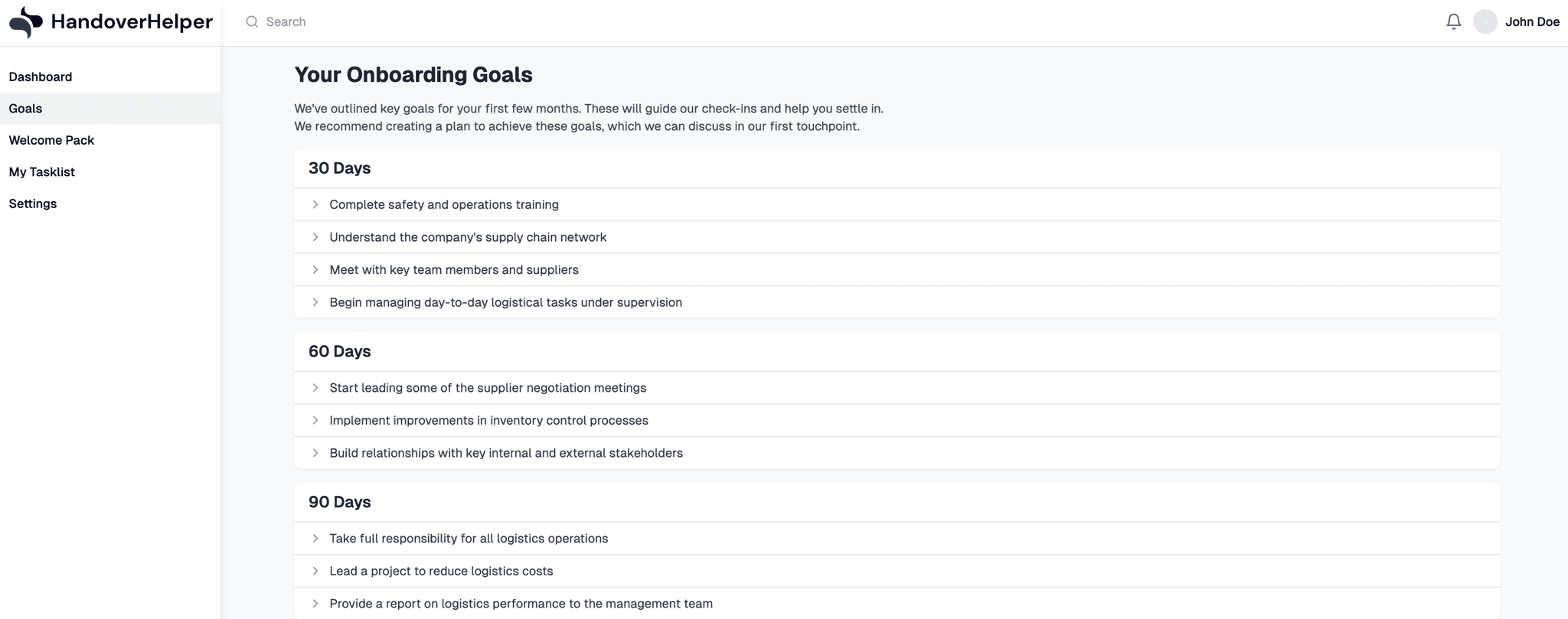 Screenshot of the 90 day goals UI